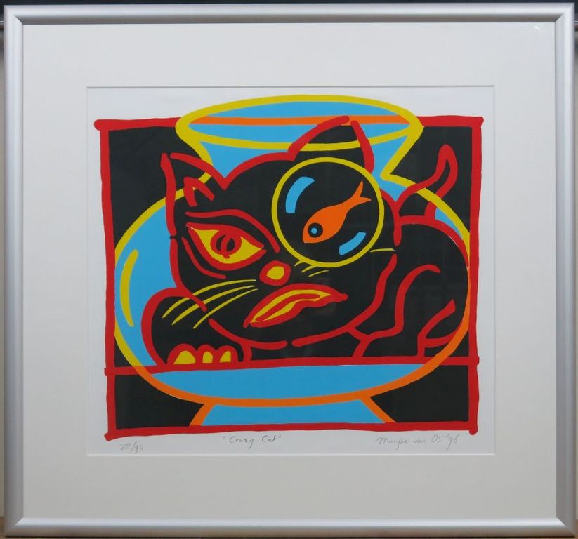 Marijke van Os: Zeefdruk, Crazy Cat - Ingelijst kopen? Bied vanaf 40!