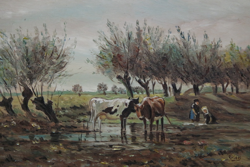 R. v. Geel - Landschap met koeien - olieverf op paneel - gesigneerd l.o. kopen? Bied vanaf 59!