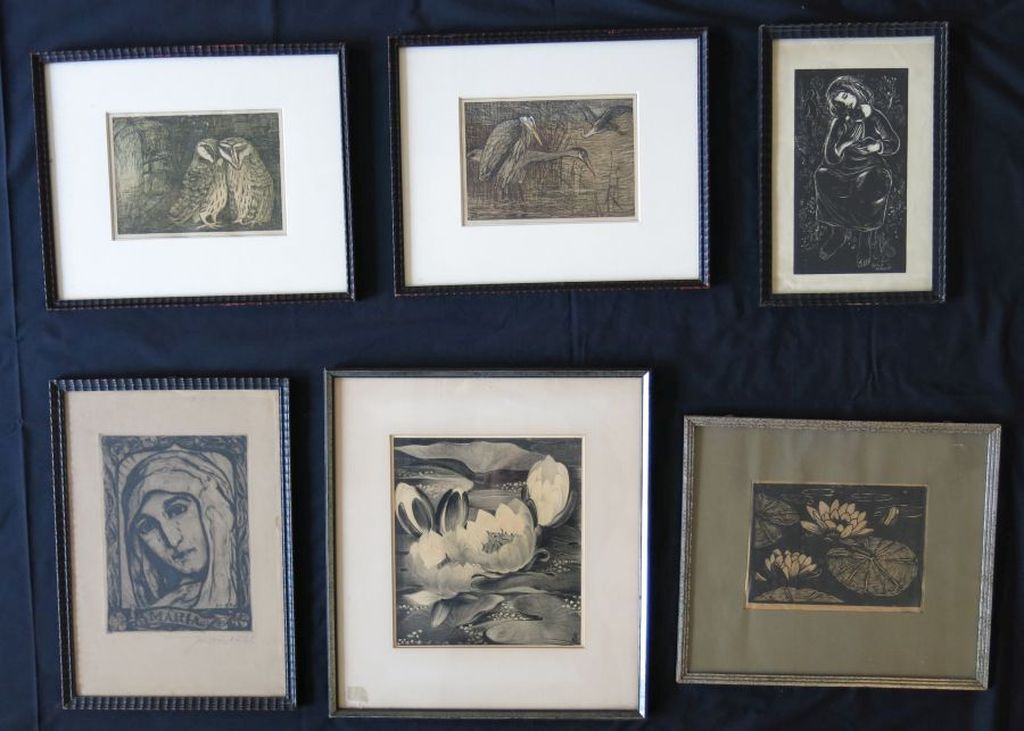 Zes werken waaronder 1x Jan Schonk: Litho, Lelies - Ingelijst verkocht voor € 45!