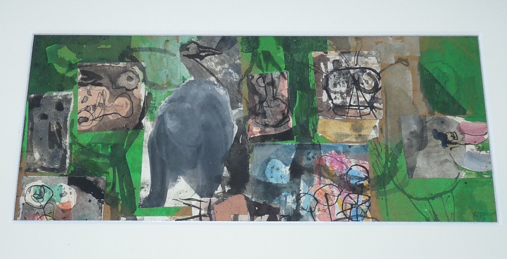 Kees Franse, Aquarel/ Gouache in collage, Vogels en figuren verkocht voor € 175!