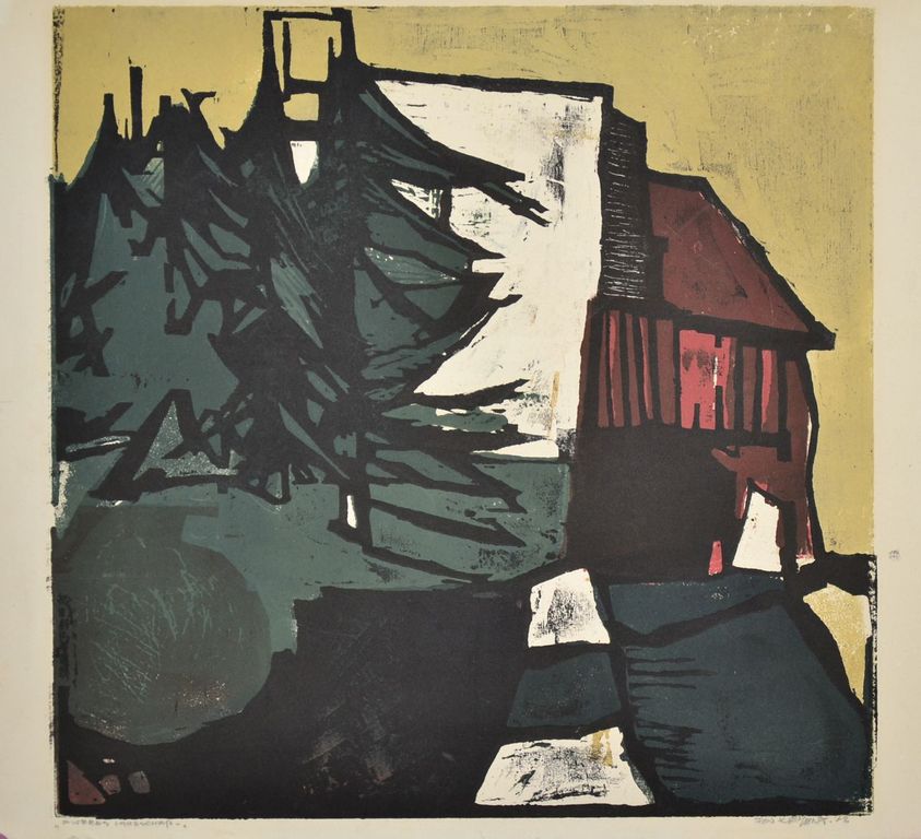 Fon Klement: Lino/houtsnede. Zweeds Landschap verkocht voor € 130!