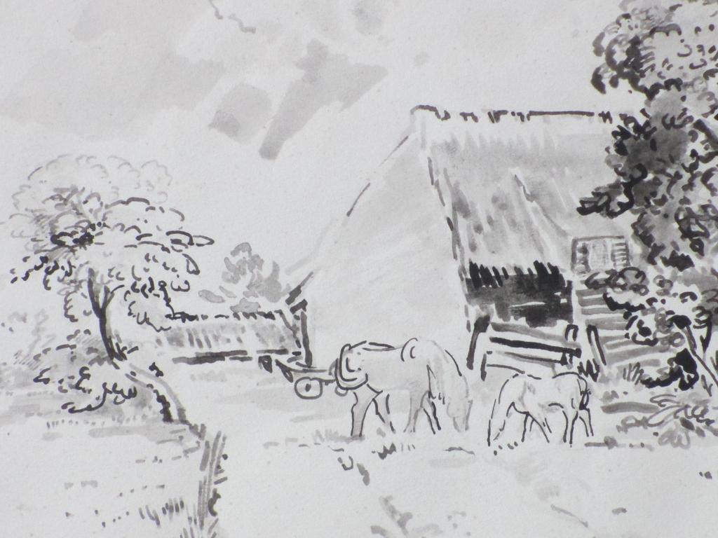 Johan ten Klooster, Landschap met hoeve en paarden, Inkt en aquarel kopen? Bied vanaf 50!