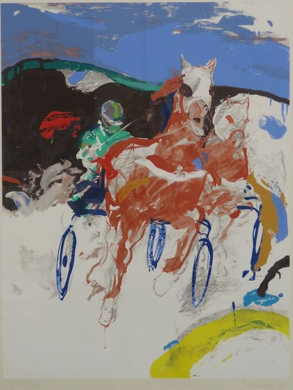 Jan van Diemen: Zeefdruk, Paardenrennen - Ingelijst kopen? Bied vanaf 35!