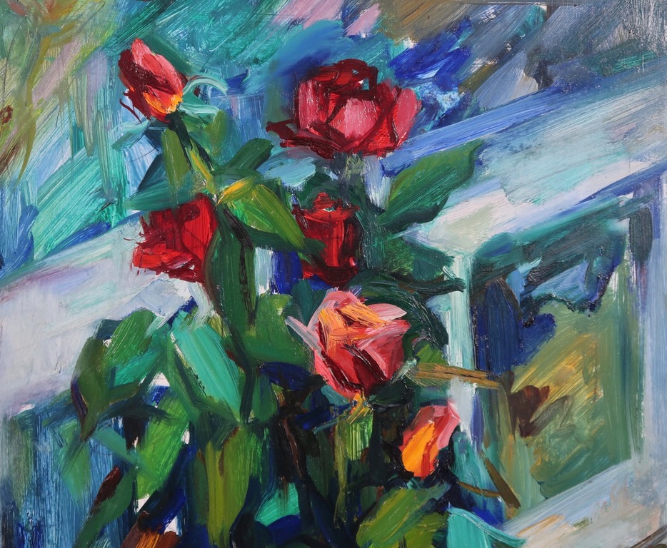 Bob ten Hoope: Olieverf op paneel, Vaas met rozen - Ingelijst kopen? Bied vanaf 260!