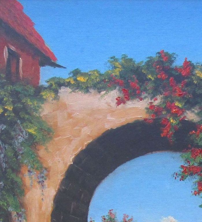 N. Okel: Olieverf op boardkarton, Mediterraan doorkijkje met zeilboot kopen? Bied vanaf 1!