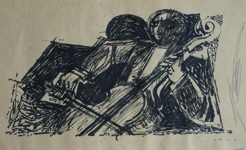 Onbekend : 2 Tekeningen , Paard + Cellist – ca 1950 kopen? Bied vanaf 1!