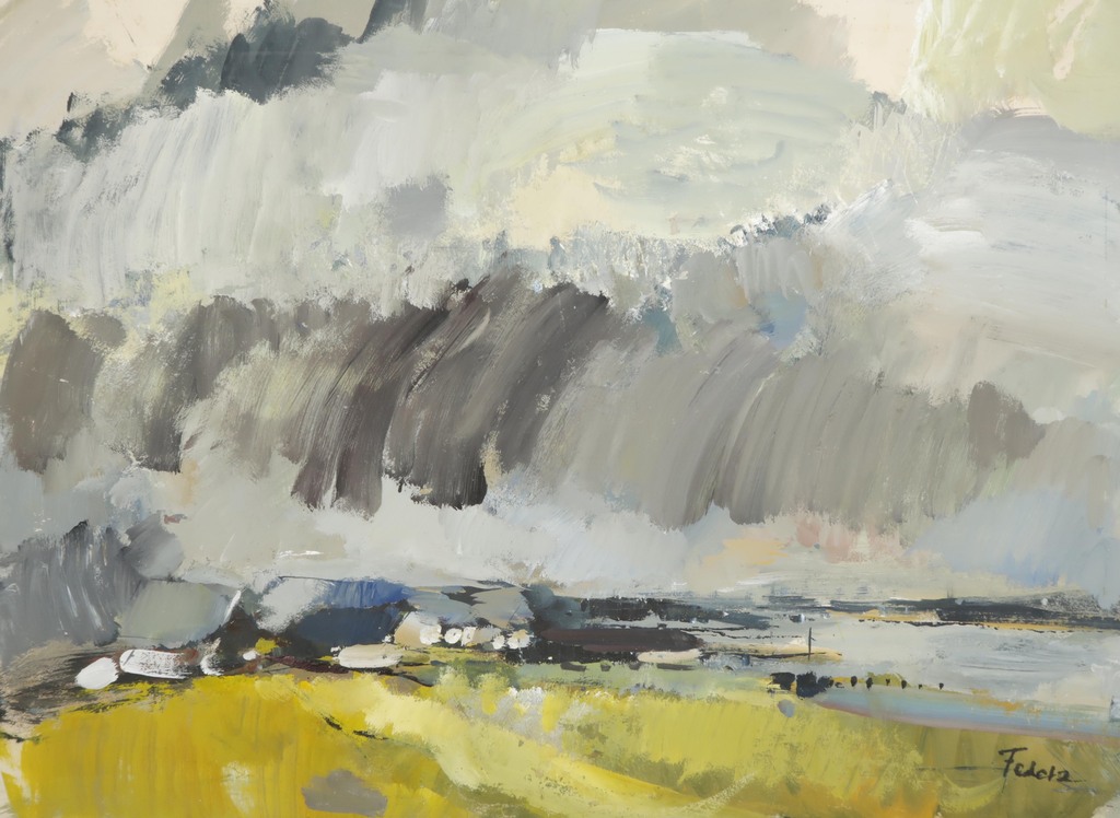 Fedde de Jong: Acryl op papier, Abstract landschap kopen? Bied vanaf 200!