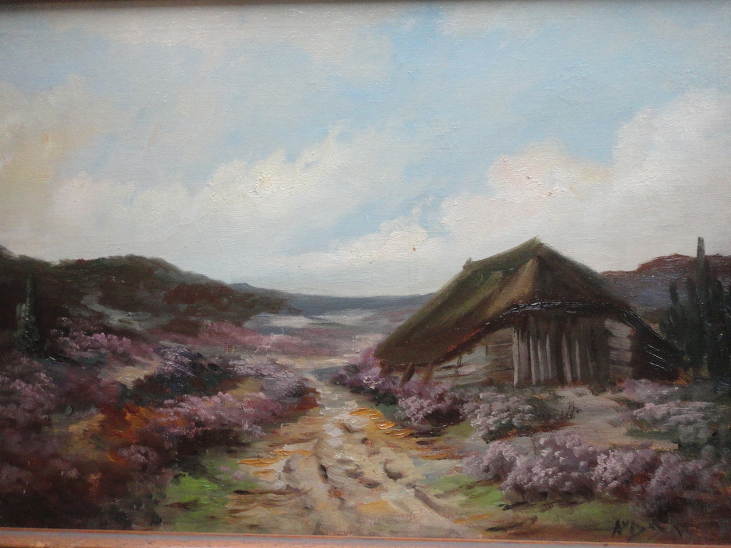 Aat van Dijk, olieverf op doek op paneel, schaapskooi in heidelandschap kopen? Bied vanaf 1!