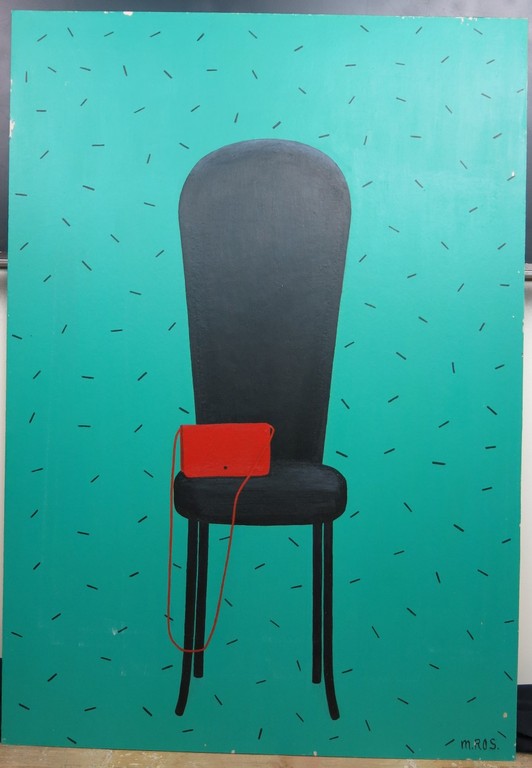 Mari Ros: Acryl op board, Rood tasje op zwarte stoel (groot) kopen? Bied vanaf 1!