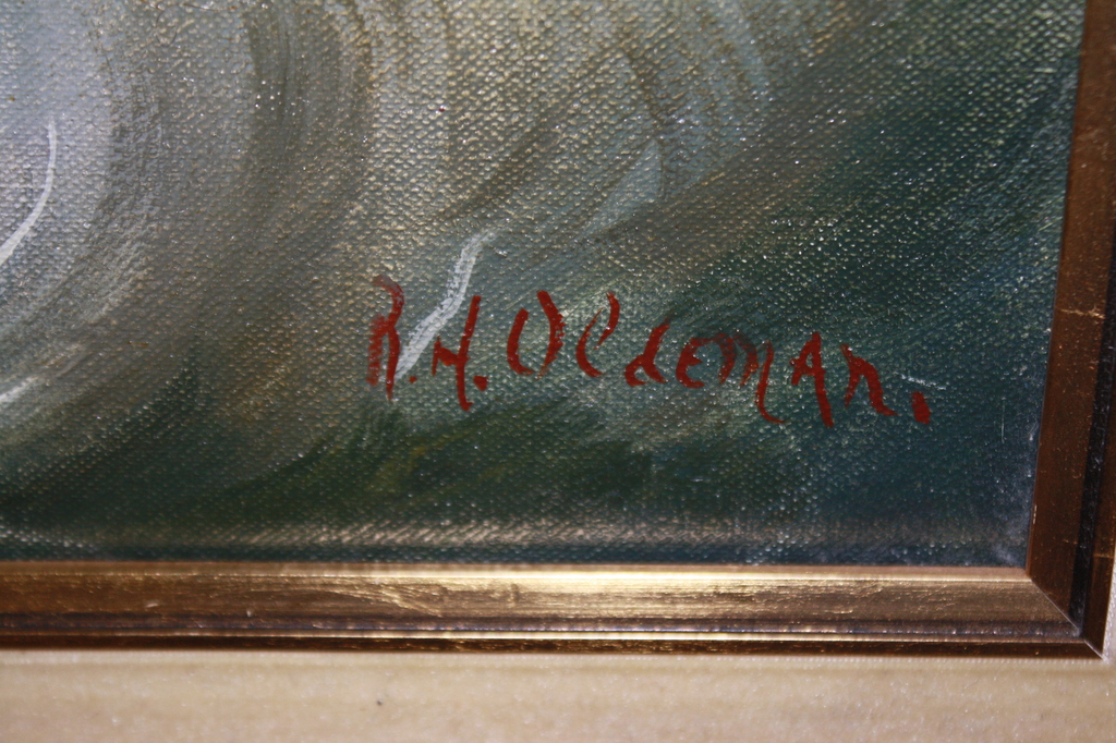 RH OLDEMAN  - ZEEGEZICHT MET VISSERSBOTEN in storm kopen? Bied vanaf 175!