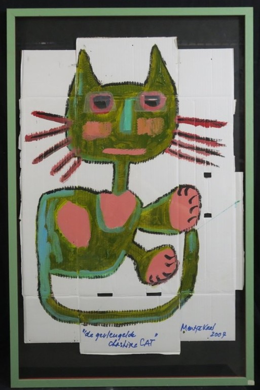 Meertje Kaal: Olieverf op karton, De gevleugelde cheshire kat - Ingelijst verkocht voor € 80!