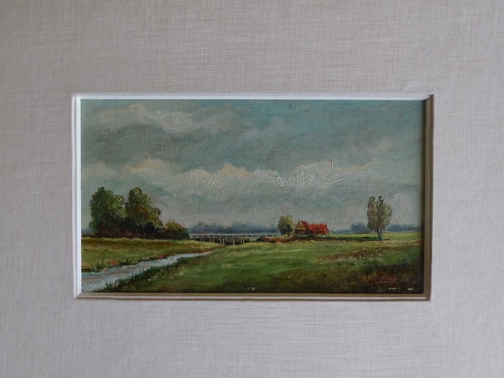 Onbekend, olie op board, Lange brug bij Doesburg '84 kopen? Bied vanaf 1!