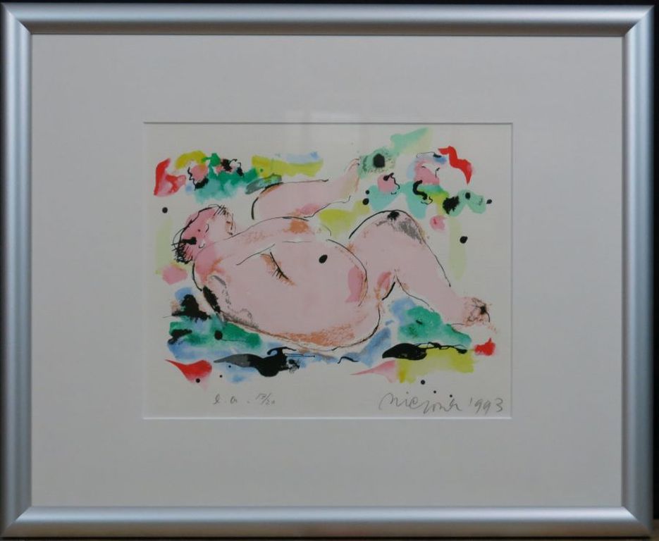 Nic Jonk: Zeefdruk, Roze Figuur - Ingelijst kopen? Bied vanaf 50!