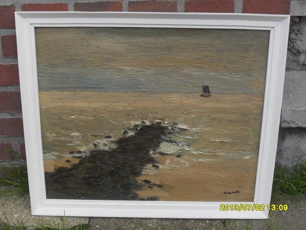 Joop Kropff, olieverf op board, "Zeegezicht nabij Scheveningen" verkocht voor € 60!