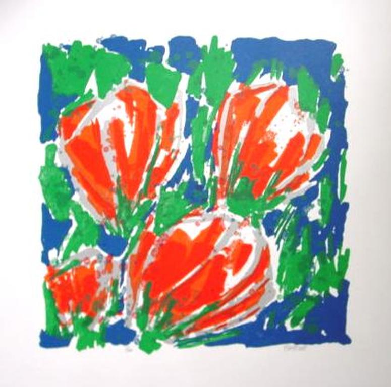 AD VAN HASSEL, grote handgesigneerde zeefdruk: 4 Tulpen Rood (70x70) kopen? Bied vanaf 1!