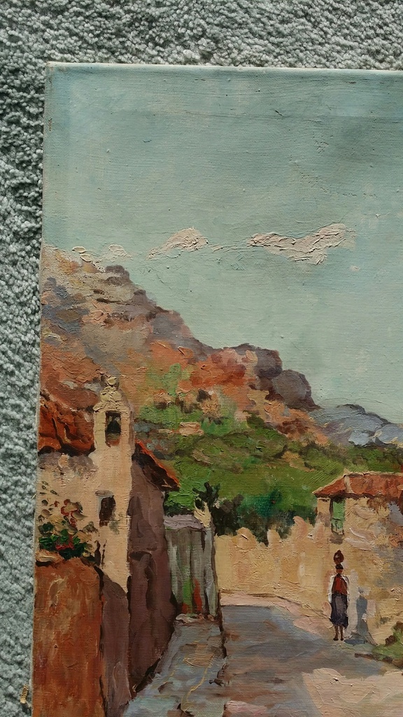 Onbekende kunstenaar. Olieverf op doek. Dorpsgezicht met figuur.  kopen? Bied vanaf 7!