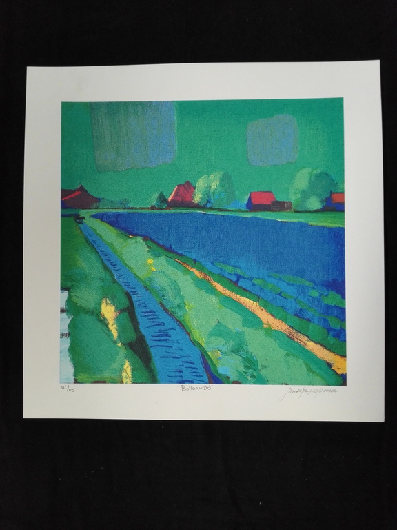 Jentsje Popma, zeefdruk op papier, Titel: Bollenveld verkocht voor € 80!