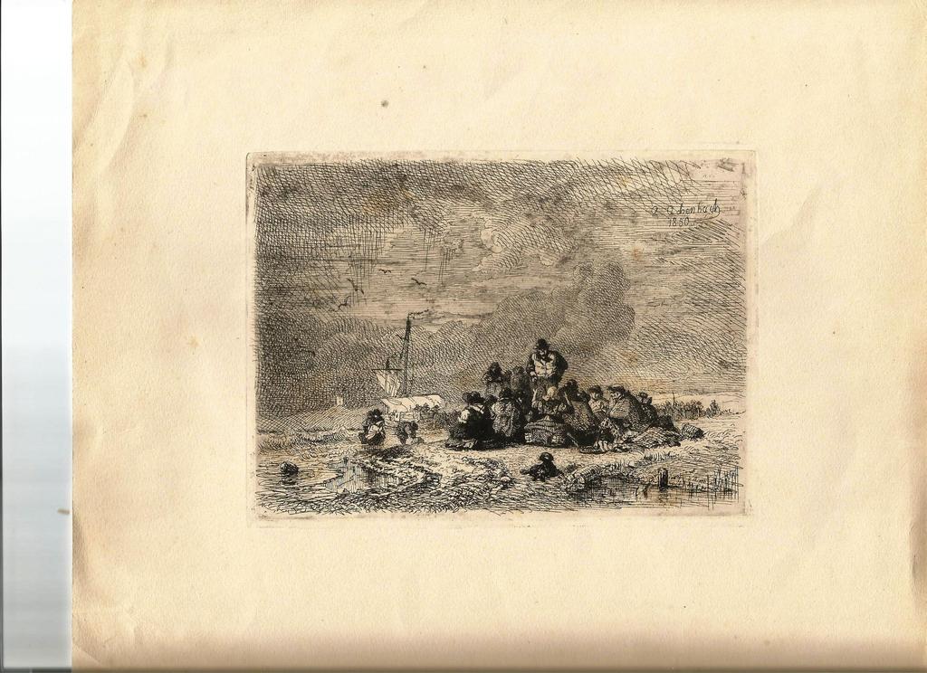Orginele ets Andreas Achenbach 1850, Vissersvolk op het strand verkocht voor € 40!