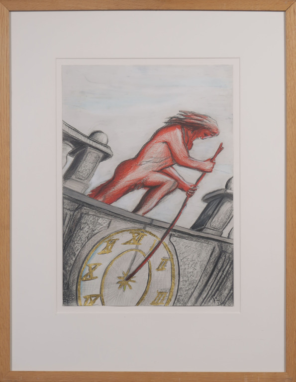 Paul Klemann: Potloodtekening met bladgoud, Allegorie op de tijd - Ingelijst verkocht voor € 200!