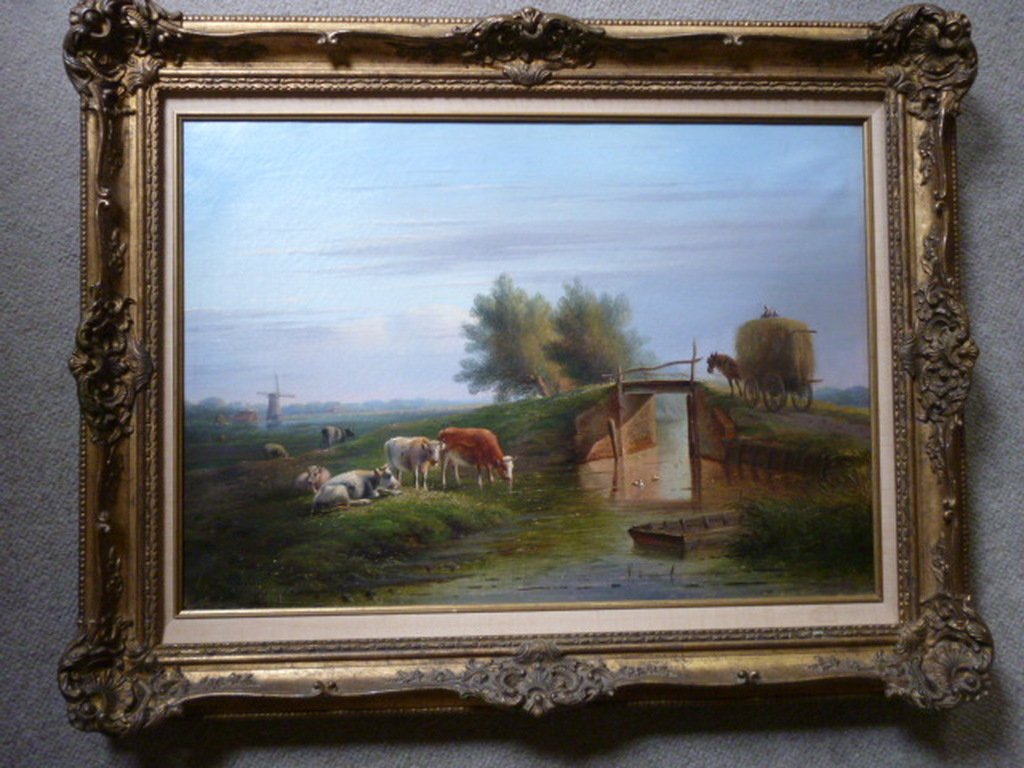 B.G. ten Berge - olieverf - Landschap met vee en een hooiwagen bij een brug kopen? Bied vanaf 1150!