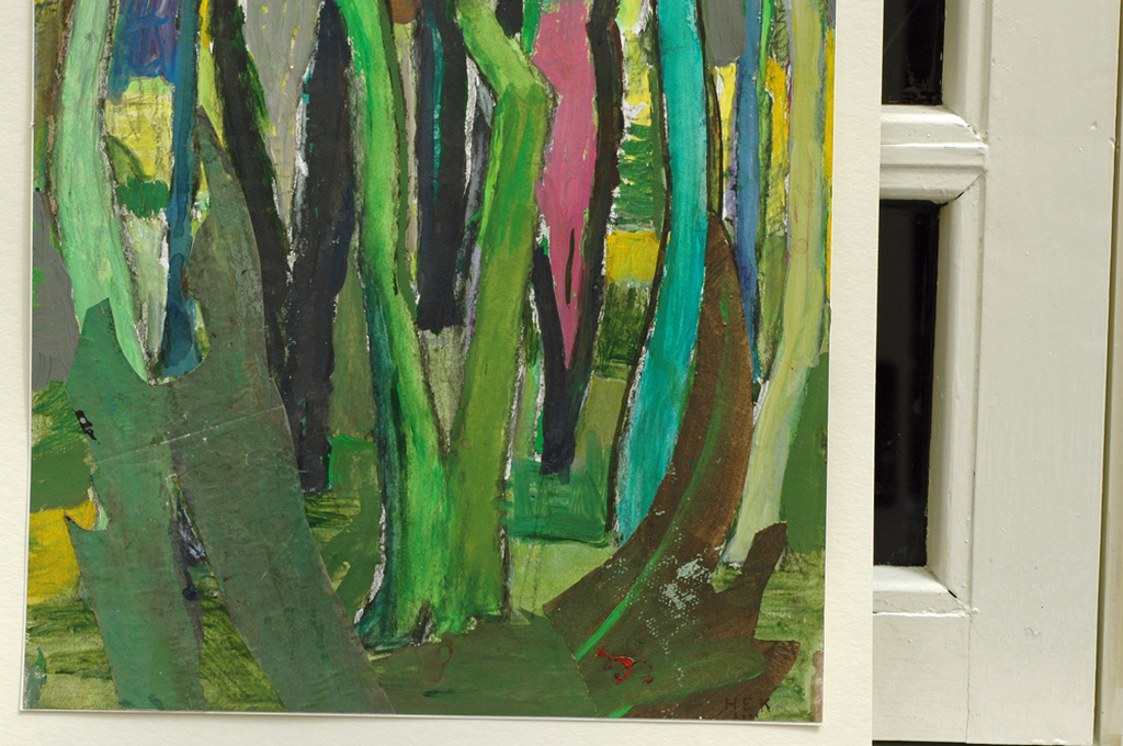 Hans Ebeling Koning, geschilderde collage, de bomen het bos kopen? Bied vanaf 50!