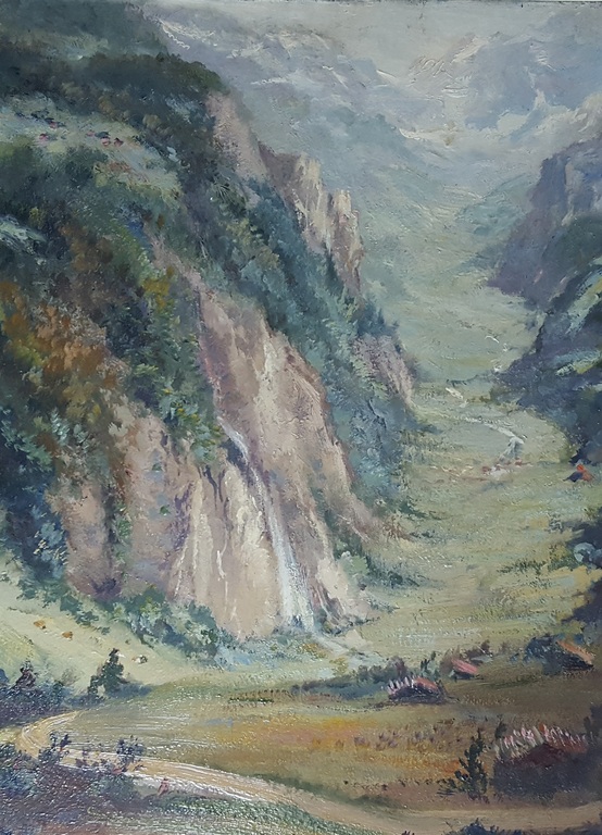 Theo Goedvriend (1879-1969) - Bergaanzicht - paneel, gesigneerd verkocht voor € 55!