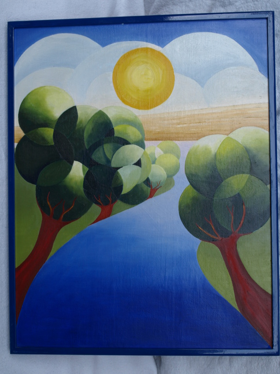 GIJS SLUIJMERS - Acryl op paneel – Rivierenlandschap op een zomerse dag - 1994 kopen? Bied vanaf 75!