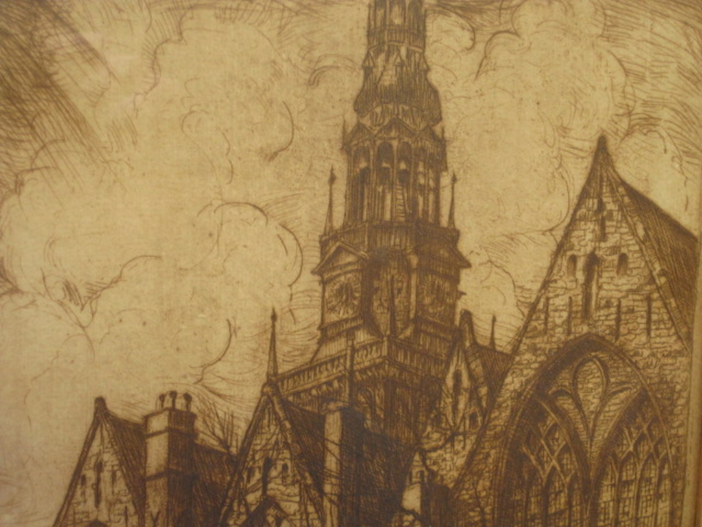 Mooie gesigneerde antieke Ets "Oude Kerk Amsterdam" van Francois J. Kloek  kopen? Bied vanaf 1!