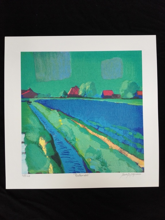 Jentsje Popma, zeefdruk op papier, Titel: Bollenveld kopen? Bied vanaf 50!