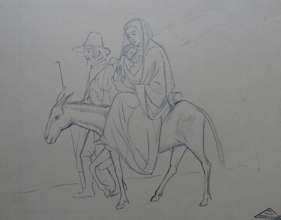 Lodewijk Schelfhout - tekening: Jozef en Maria met kindje Jezus - jaren 30 verkocht voor € 60!