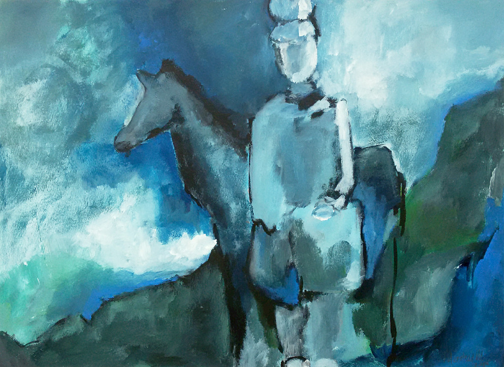 Mens en paard, acrylverf op papier (groot) verkocht voor € 55!