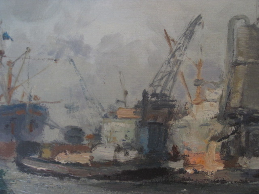 groot oud olieverf "Bedrijvigheid in haven Rotterdam" vaag gesigneerd ca. 1930 kopen? Bied vanaf 1!