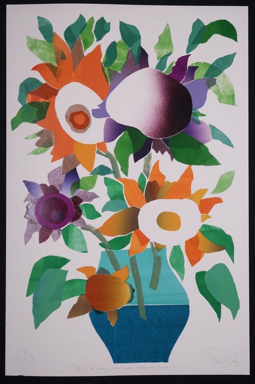 Frans de Jong: Houtsnede, Wie is er bang voor paars groen en oranje? verkocht voor € 35!