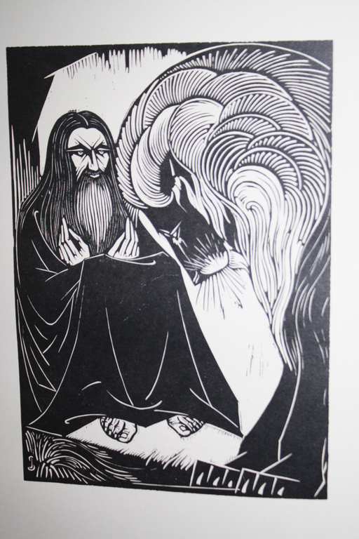 JAN SCHONK - ART DECO HOUTSNEDE 1926 - LEEUW EN GEESTELIJKE verkocht voor € 40!