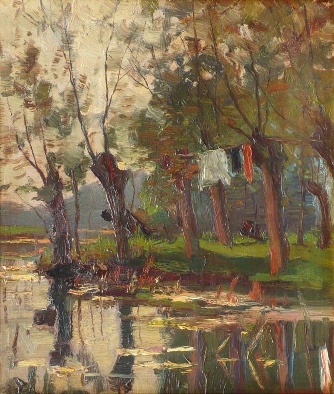 Charles Dankmeijer, Waterrijk landschap met knotwilgen en drogende was. verkocht voor € 470!