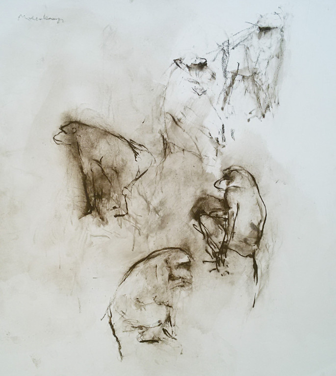 Nico Molenkamp - Aapjes, krijttekening (gemonteerd, groot) verkocht voor € 375!