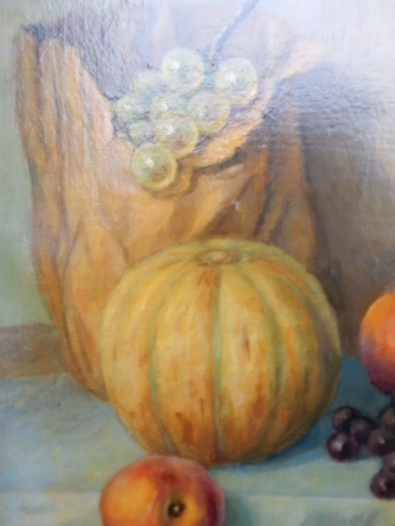 onbekende schilder,olieverf op plaat,stilleven met fruit en zakjes kopen? Bied vanaf 125!