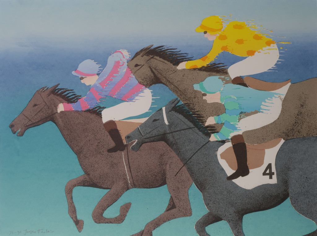 Jurjen Fontein: Zeefdruk, Paardenrace - Ingelijst kopen? Bied vanaf 1!