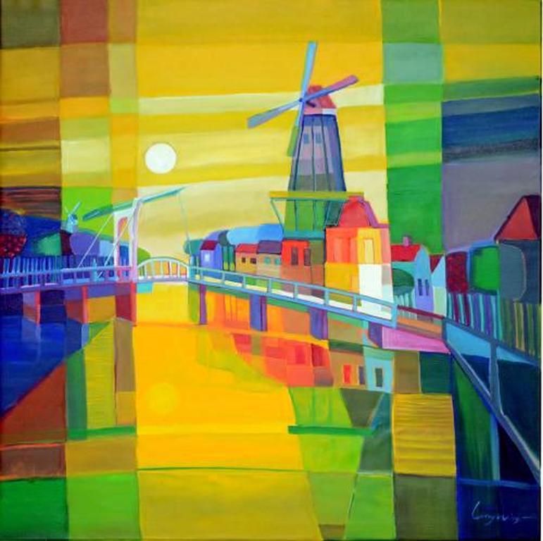 LONY WING, Titel : Brug bij molen, Origineel werk op schilderslinnen kopen? Bied vanaf 295!