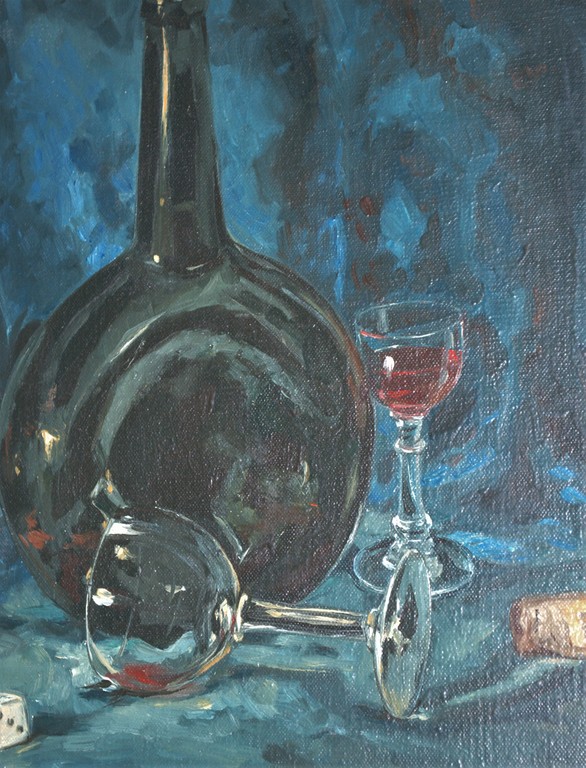 wijnfles met glazen - olieverf - in een Heijdenrijk lijst verkocht voor € 40!