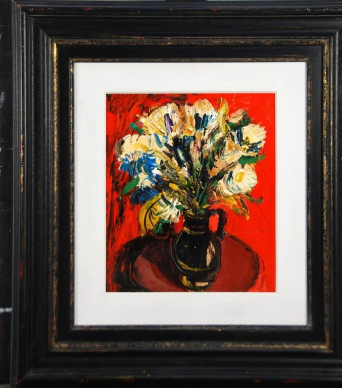 VAN STEENWEGEN GUST OLIE OP "ZWARTE VAAS MET BLOEMEN" verkocht voor € 125!