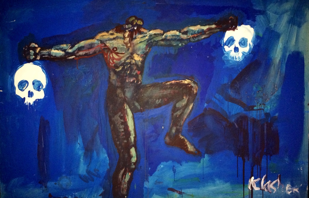 Peter Klashorst: Naked Man with Two Skulls in Blue. ca. 1979 kopen? Bied vanaf 950!