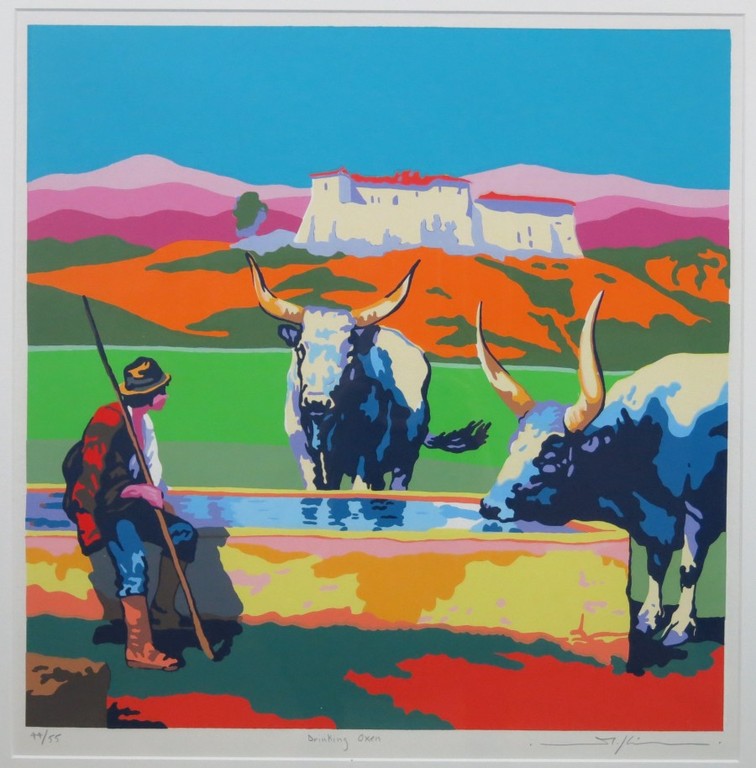Marco Kooiman: Zeefdruk, Drinking oxen - Ingelijst verkocht voor € 153!