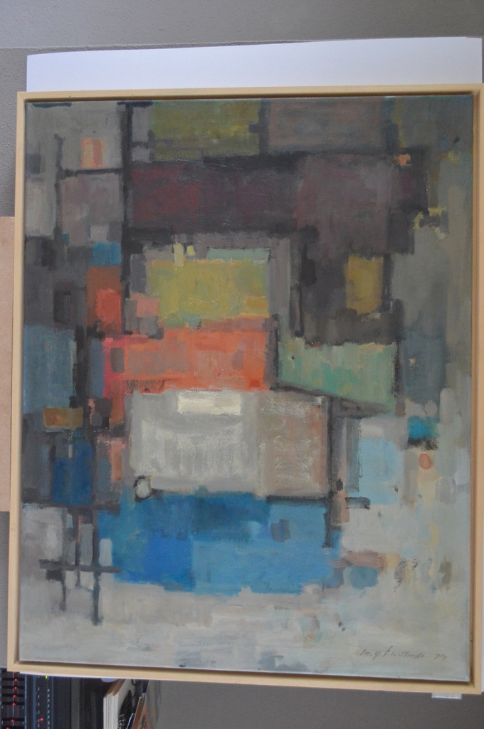 Martinus George F. Willemse (1919 - ? ) 'bouwen'  1977 - 75 x 95 olie-doek  verkocht voor € 175!