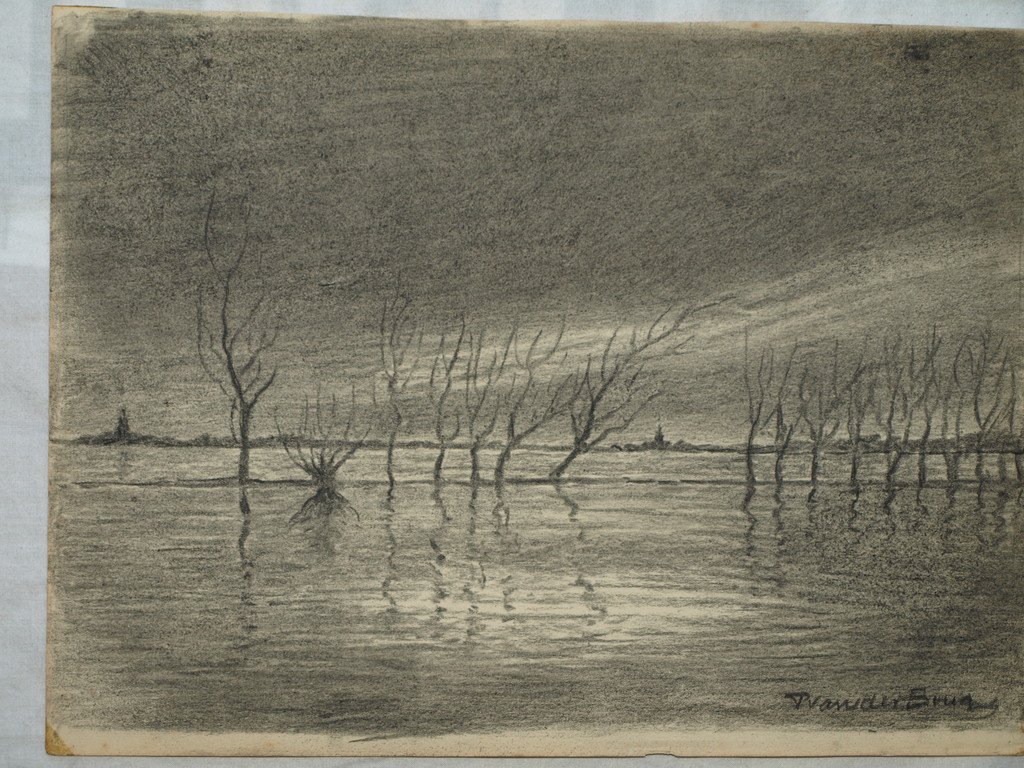 Pieter van der Brug – Tekening – Ondergelopen land – Gesigneerd – ca 1950 kopen? Bied vanaf 1!