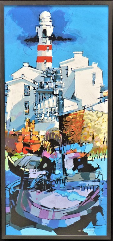 Hendrik van Veenendaal,Vuurtoren,Zeefdruk op paneel ingelijst,Handgesigneerd verkocht voor € 50!