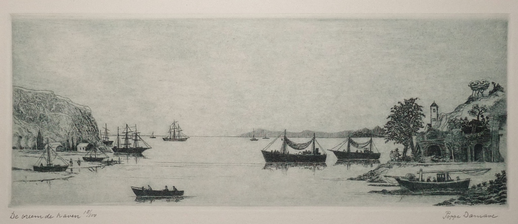 Poppe Damave, Kleurets, Titel: De vreemde haven, Gesigneerd verkocht voor € 45!