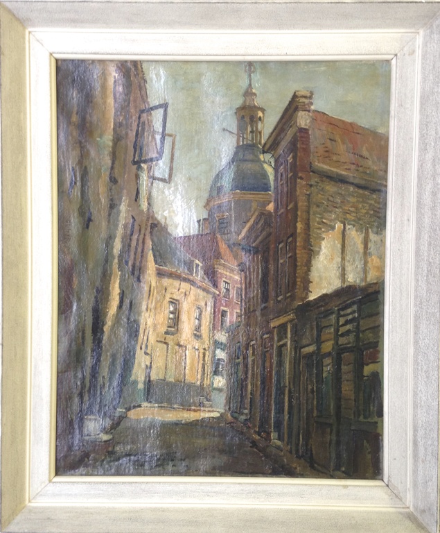 Hans W. Peters. Olieverf op doek. Straatje in Dordrecht. verkocht voor € 50!