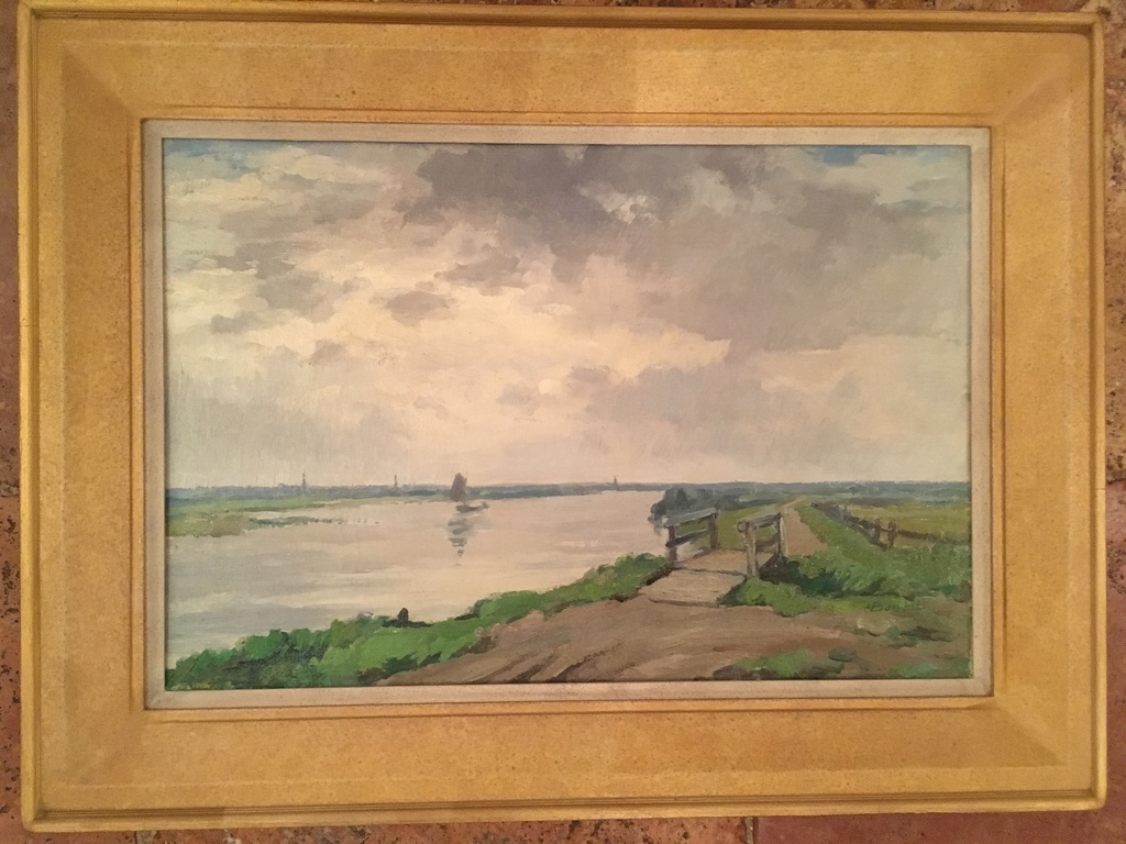 Bomhof; olie op doek, landschap uiterwaarden bij Zwolle verkocht voor € 450!