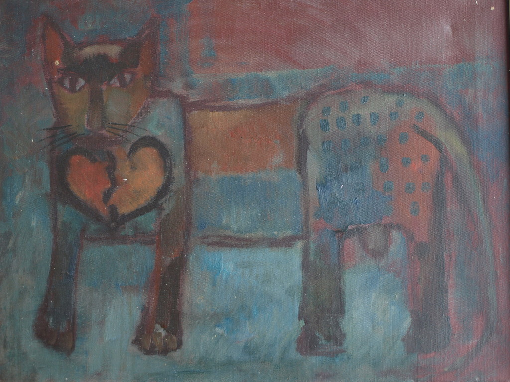 Onbekend : Olieverf op doek, Kat met een gebroken Hart – ingelijst - Oud verkocht voor € 54!